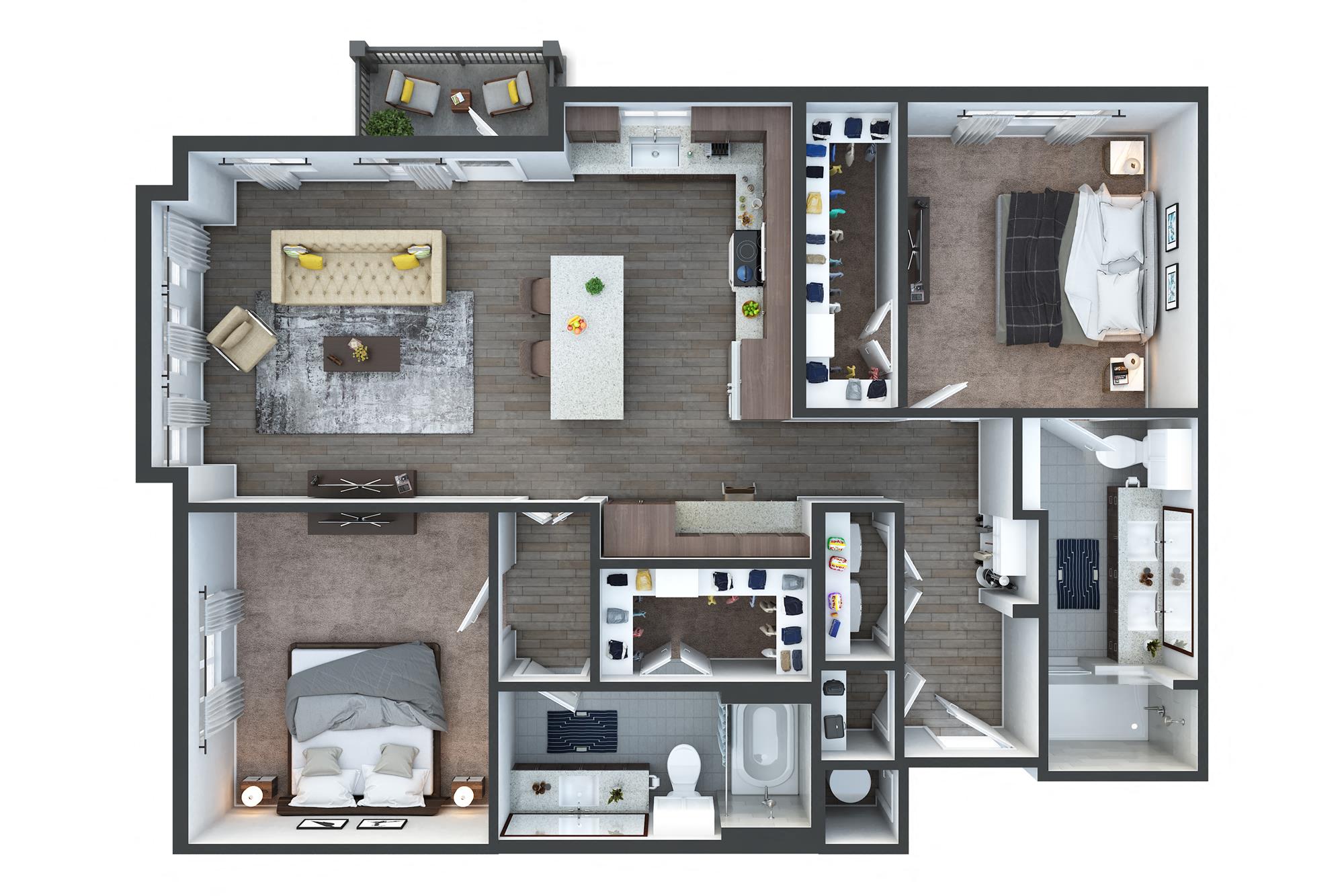 Floor plan for 2 beds, 2 baths, 1247 sqft